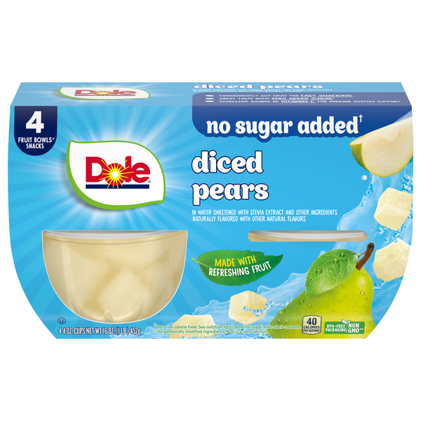 Dole No Sugar Added Diced Pears Fruit Cups with Stevia - 4 ct