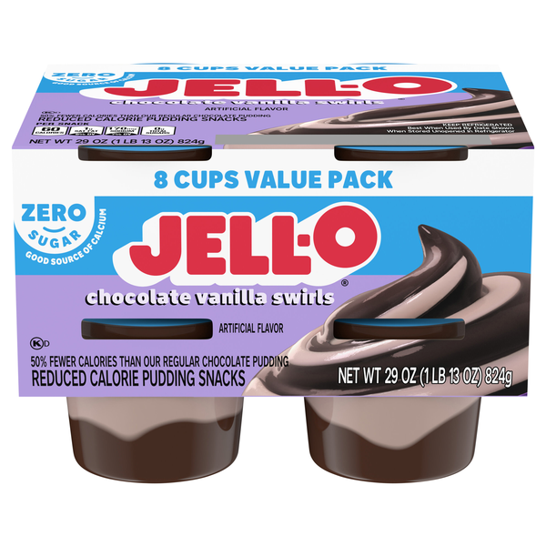 Jell-O Zero Sugar Chocolate Vanilla Swirls Pudding Snacks Cups - 8 ct