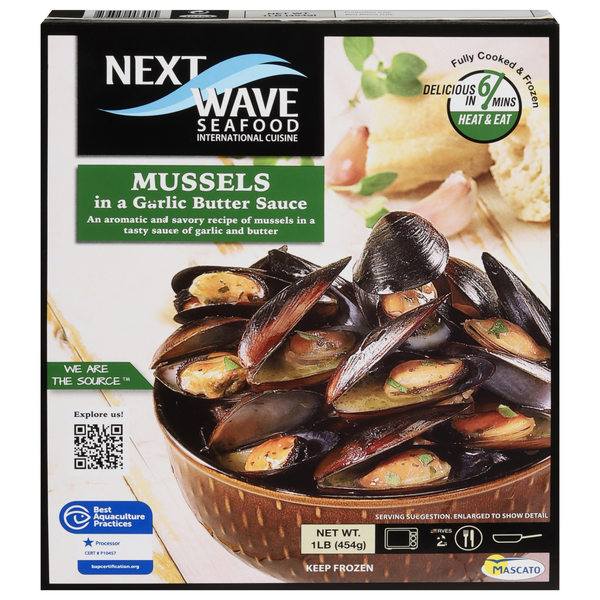 Next Wave Mussels in a Garlic Butter Sauce Cooked & Frozen