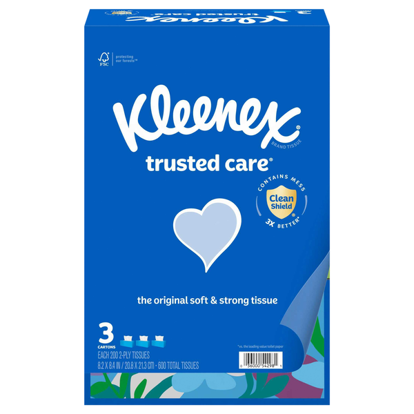 Kleenex Trusted Care 2-Ply Facial Tissue Flat Box 200 ct ea - 3 pk