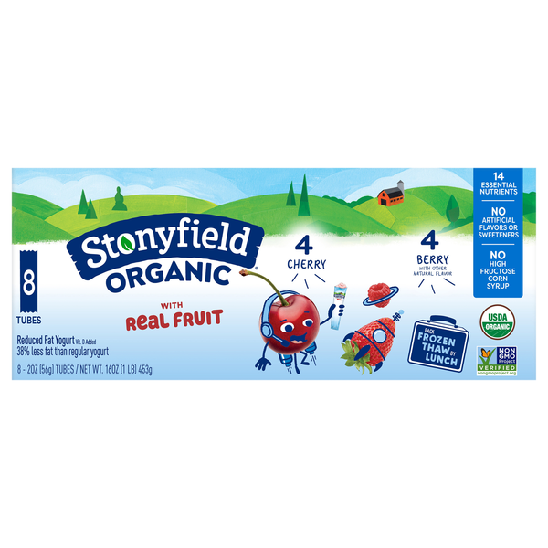 Stonyfield Organic Low Fat Cherry & Berry Yogurt Tubes - 8 ct