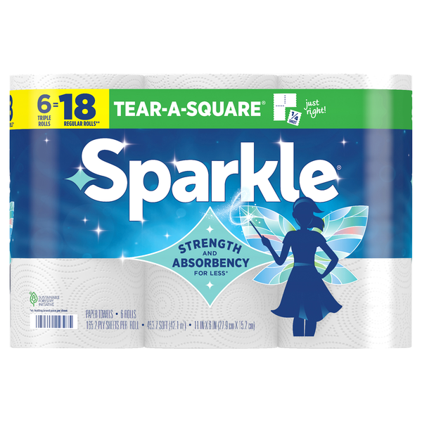 Sparkle Tear-A-Square White Triple Rolls 2-Ply Paper Towels - 6 ct