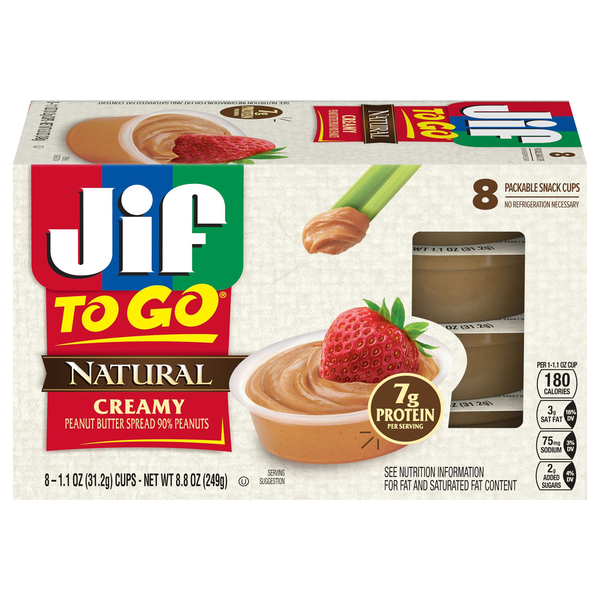 Jif To Go Natural Creamy Peanut Butter Spread Packable Snack Cups - 8 ct