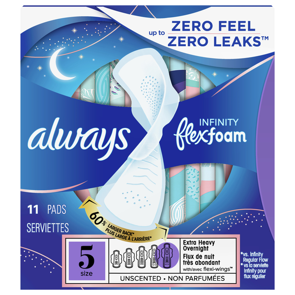 Always Infinity Size 5 Unscented Extra Heavy Overnight Pads with Wings