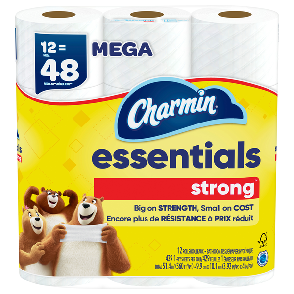 Charmin Essentials Strong Mega Roll 1-Ply Toilet Paper Unscented - 12 ct