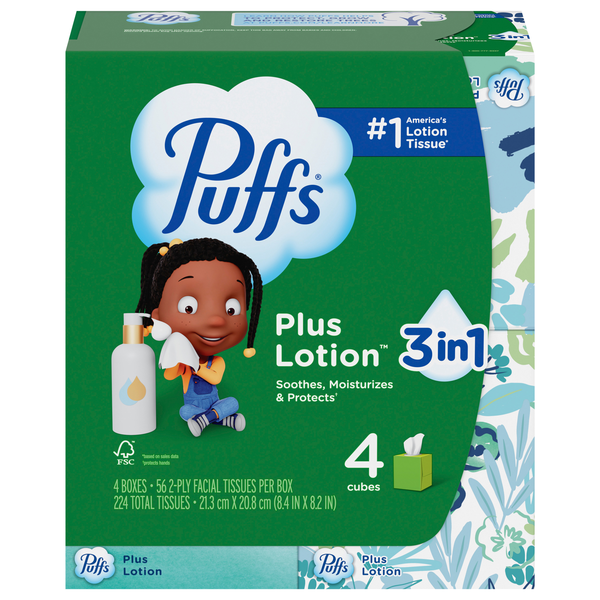 Puffs Plus Lotion 2-Ply Facial Tissue Cube Box 56 ct ea - 4 pk