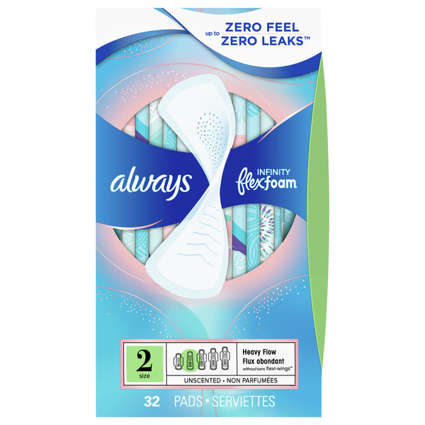 Always Infinity Size 2 Unscented Heavy Flow Pads No Wings