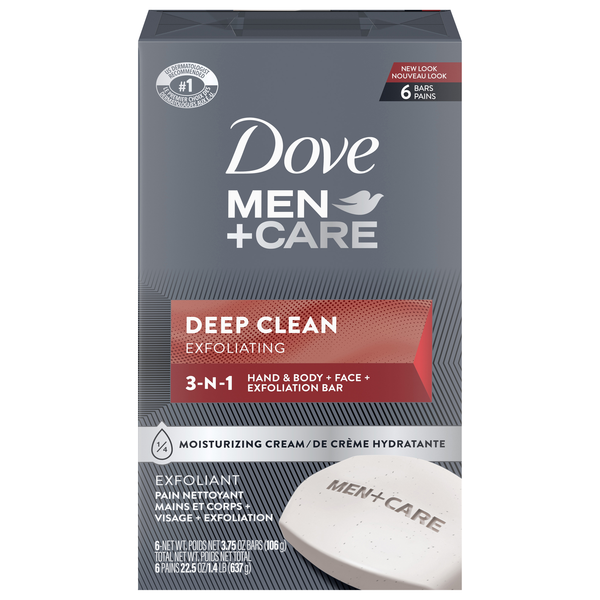 Dove Men+Care Deep Clean 3-in-1 Hand Body & Face Exfoliation Soap Bars 6ct
