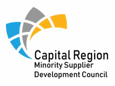 “Logo for the Capital Region Minority Supplier Development Council featuring abstract blue, gray, and gold shapes above the organization name.”