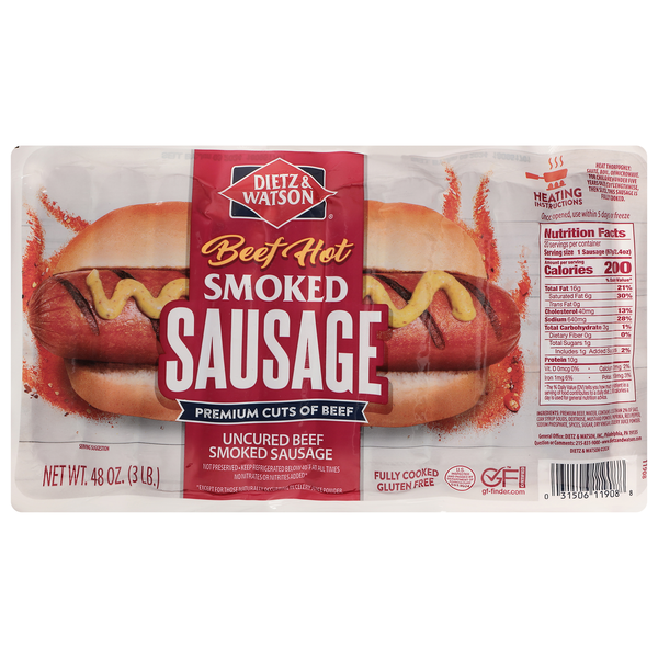 Dietz & Watson Beef Hot Smoked Sausage - 20 ct