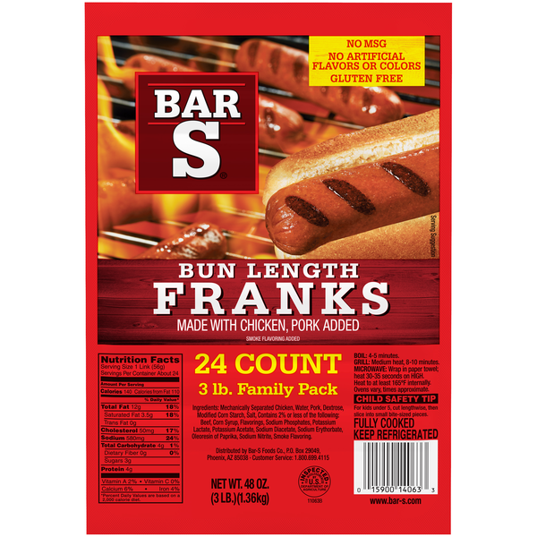 Bar-S Bun Length Franks Hot Dogs Family Pack - 24 ct