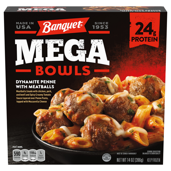 Save on Banquet MEGA Bowls Dynamite Penne with Meatballs 24g Protein