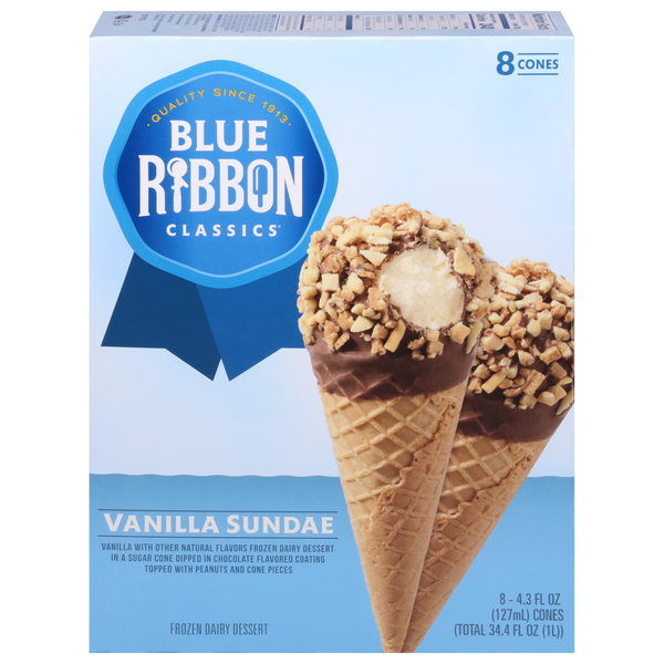 Blue Ribbon Classics Vanilla Sundae Frozen Dairy Dessert Cones - 8 ct