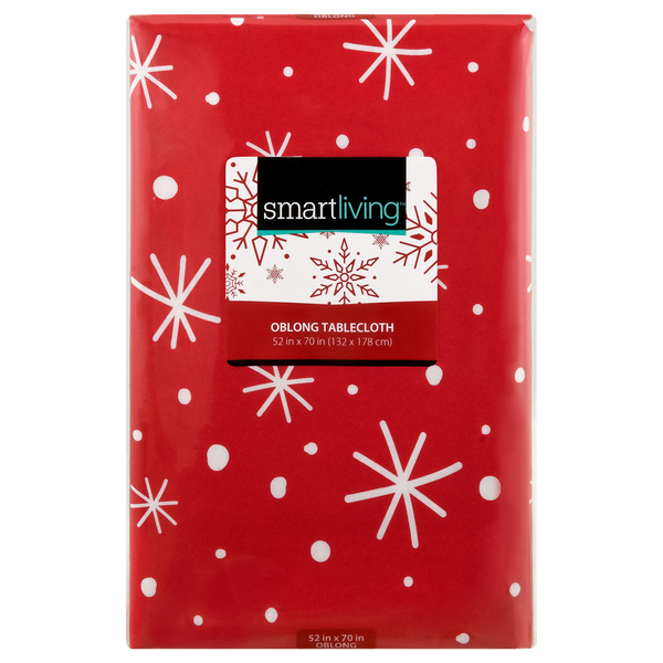 Smart Living Oblong Holiday Tablecloth Red w/Snowflakes 52 X 70 Inch