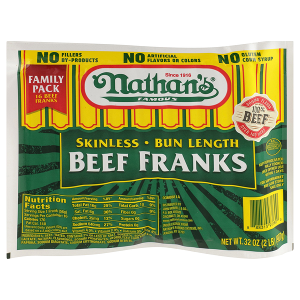 Nathan's Famous Bun Length Skinless Beef Franks Family Size - 14 ct