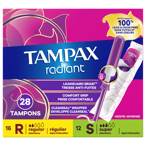 Tampax Radiant Unscented Regular & Super Tampons