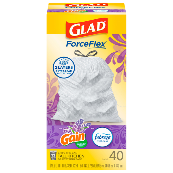 Glad ForceFlex Gain Lavender Tall Kitchen Drawstring Bags 13 Gallon
