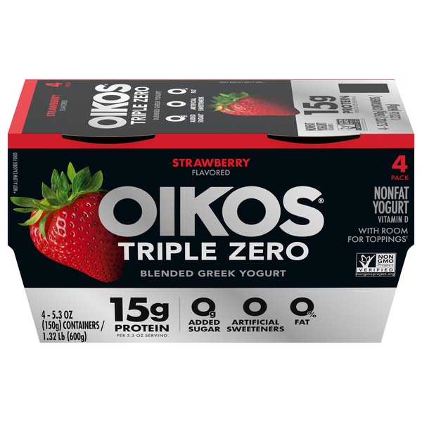 Oikos Triple Zero 15g Protein Non Fat Strawberry Greek Yogurt Cup - 4 ct