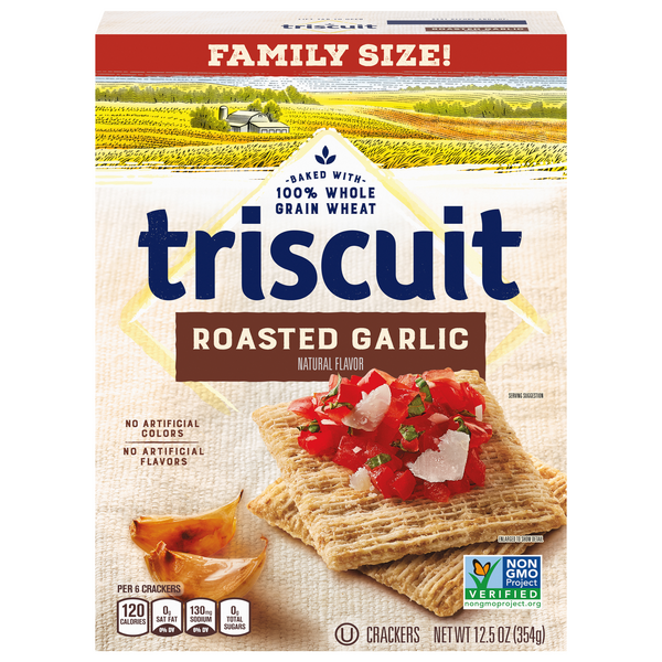 Save on Triscuit Baked Crackers Roasted Garlic Family Size! Order
