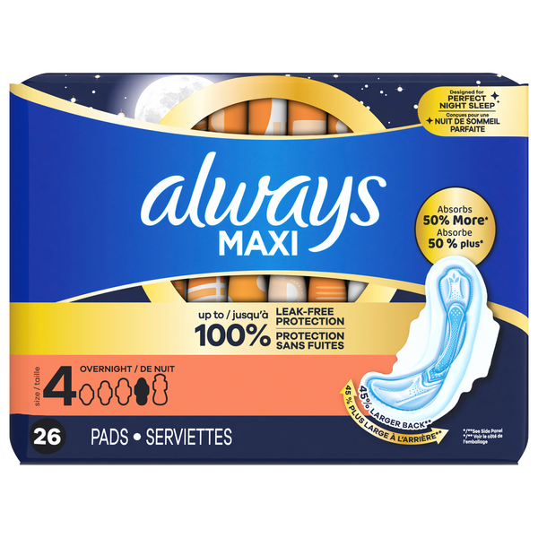 Always Maxi Size 4 Unscented Overnight Pads with Wings