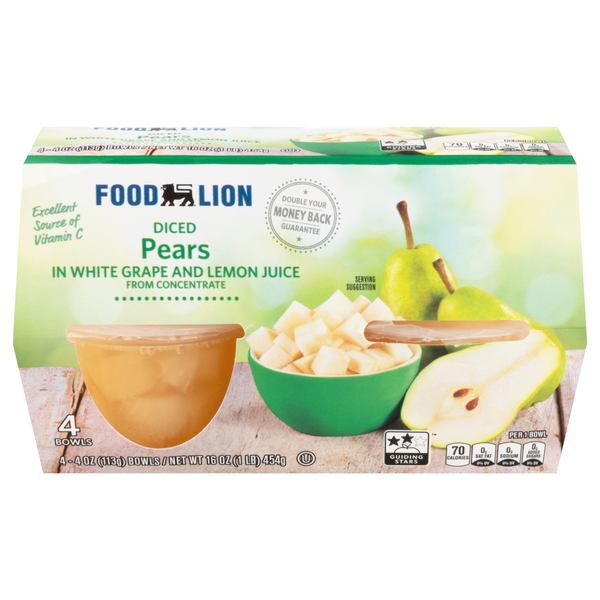 Food Lion Diced Pears in White Grape & Lemon Juice - 4 ct