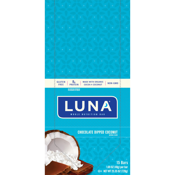 LUNA Organic Chocolate Dipped Coconut 8g Protein Nutrition Bar - 15 ct