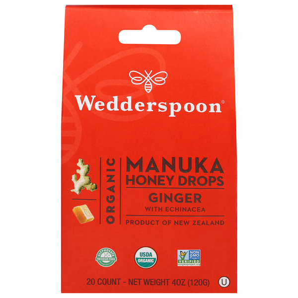 Wedderspoon Manuka Honey Drops Ginger with Echinacea Organic