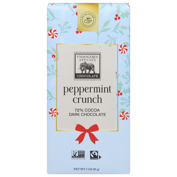 Endangered Species Peppermint Crunch Dark Chocolate Candy Bar 72% Cocoa