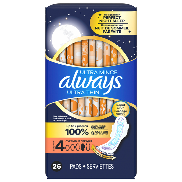 Always Ultra Thin Size 4 Unscented Overnight Pads with Wings