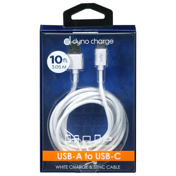 Dyno Charge USB-A to USB-C Braided Charge & Sync Cable 10 ft White