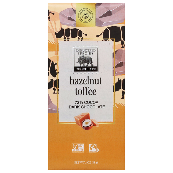 Endangered Species Hazelnut Toffee Dark Chocolate Candy Bar 72% Cocoa