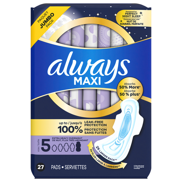 Always Maxi Size 5 Unscented Extra Heavy Overnight Pads with Wings