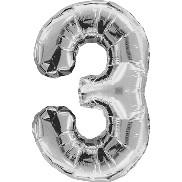 Shape Number 3 Silver Helium-Filled Balloon