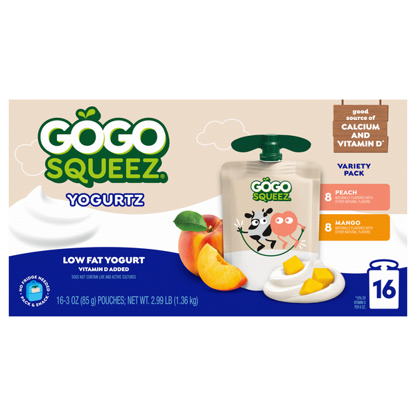 GoGo squeeZ Low Fat Mango & Peach Yogurtz on the Go Pouches - 16 ct