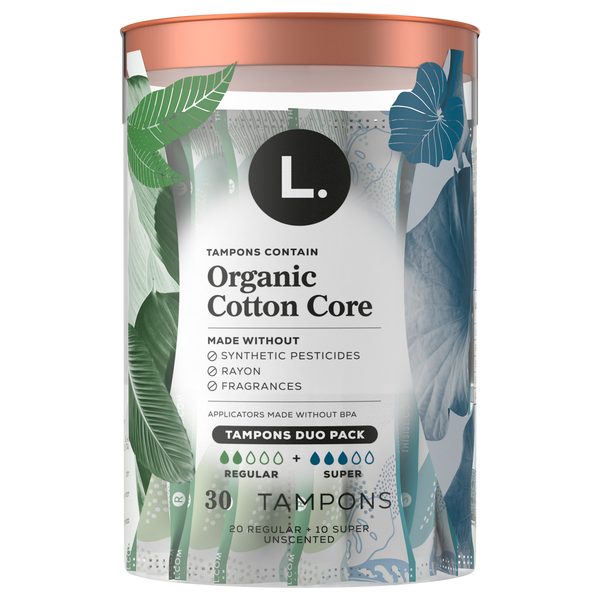 L. 100% Organic Cotton Core Unscented Light + Regular Tampons