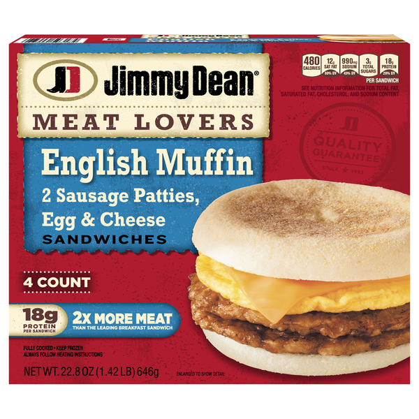 Jimmy Dean Meat Lovers Sausage Egg & Cheese English Muffin Sandwich - 4 ct