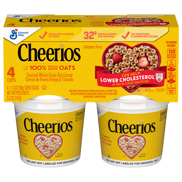 Cheerios Gluten Free Toasted Whole Grain Oat Cereal Cups - 4 ct