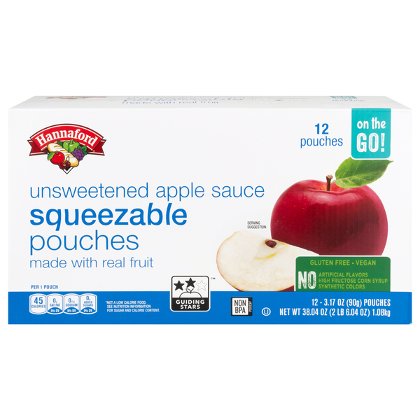 Hannaford Unsweetened Apple Sauce Squeezable Pouches - 12 ct