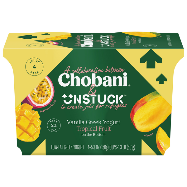 Save on Chobani UNSTUCK Vanilla Greek Yogurt Tropical on the Bottom 4
