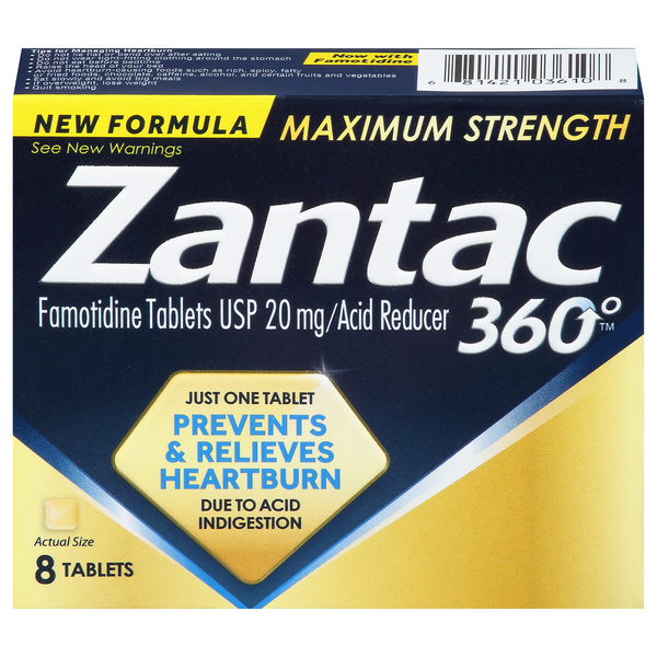 Save on Zantac 360 Acid Reducer Famotidine Tablets 20 mg Maximum Strength Order Online Delivery