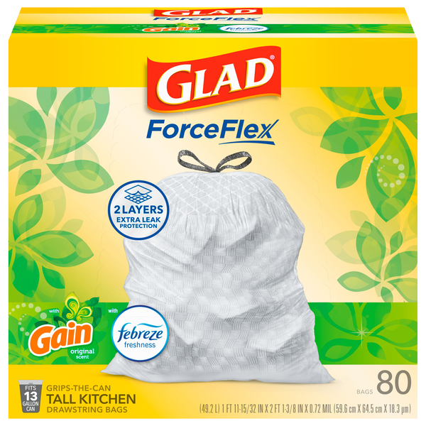 Glad ForceFlex Gain Original Tall Kitchen Drawstring Bags 13 Gallon