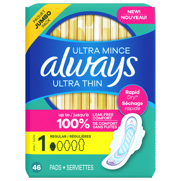 Always Ultra Thin Size 1 Unscented Regular Pads with Wings