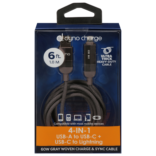 Dyno Charge 4-in-1 Woven Charge & Sync Cable 6ft Gray