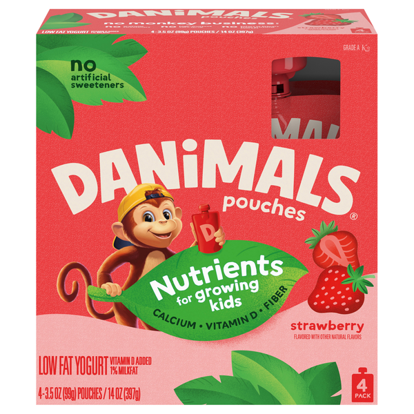 Danimals Low Fat Strawberry Yogurt Pouches - 4 ct