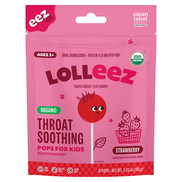 Lolleez Kids Organic Strawberry Throat Soothing Pops - 15 ct
