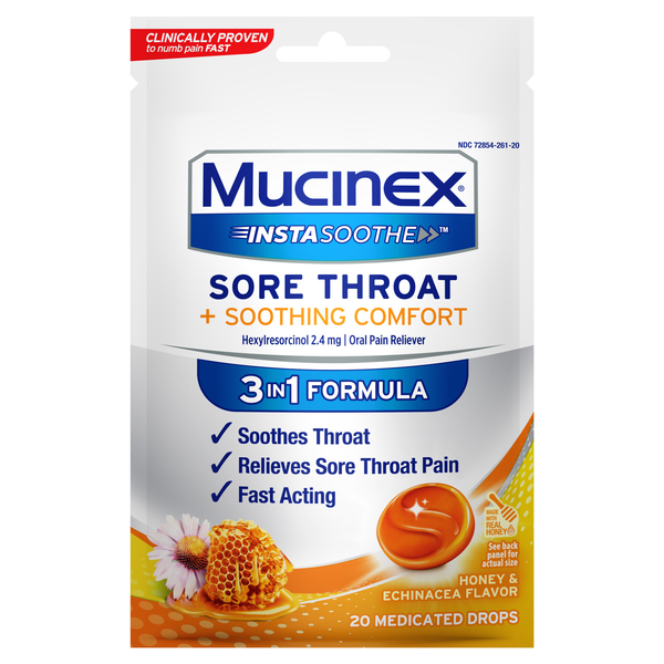 Mucinex InstaSoothe Honey & Echinacea Flavor Sore Throat Medicated Drops