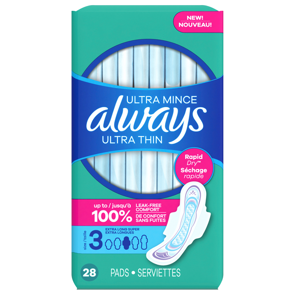 Always Ultra Thin Size 3 Unscented Extra Long Super Pads with Wings