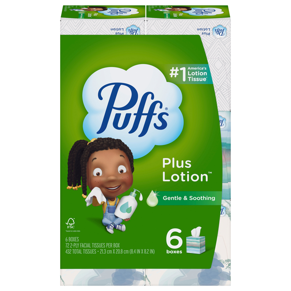Puffs Plus Lotion Gentle & Soothing 2-Ply Tissue 72 ct ea - 6 pk