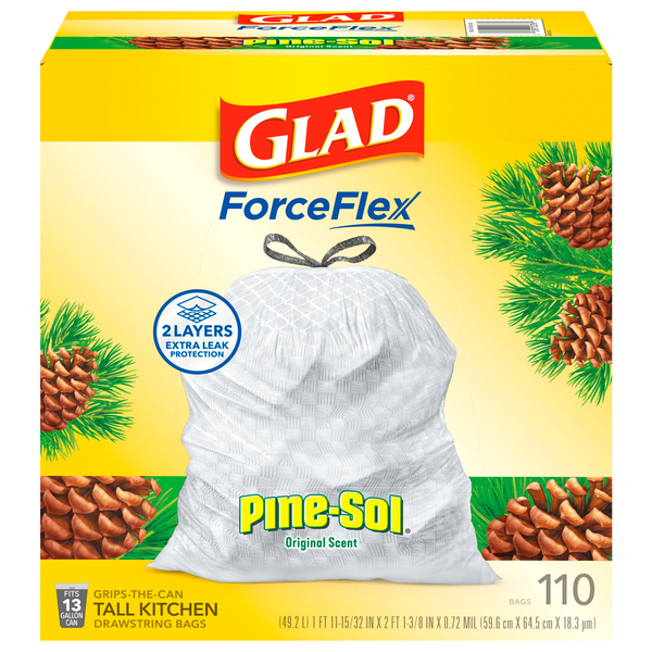 Glad ForceFlex Kitchen Bags Drawstring Tall Pine-Sol Scent 13 Gallon