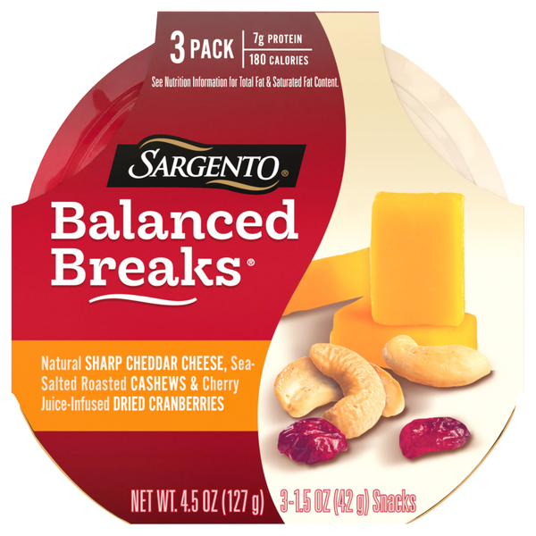 Sargento Balanced Breaks Sharp Cheddar Cheese Cashews Cranberries - 3 ct